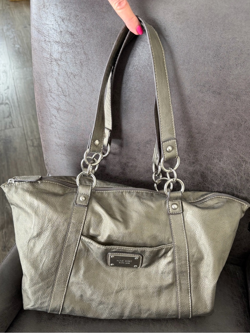 Nine West Pewter Leather Shoulder Tote